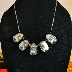 Antiqued Bronze Tone Chunky Peacock Feather Necklace